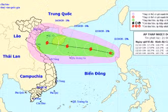 Vị trí và hướng di chuyển của áp thấp nhiệt đới trên Biển Đông. (Nguồn: kttv.gov.vn)