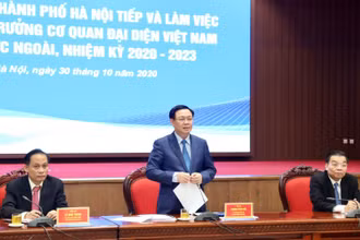 Bí thư Thành ủy Hà Nội Vương Đình Huệ phát biểu tại buổi làm việc (Ảnh: Duy Linh).