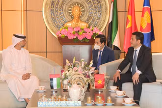 Bộ trưởng Công thương Nguyễn Hồng Diên và Bộ trưởng Năng lượng và Cơ sở hạ tầng Suhail Mohamed Al Mazrouei tại buổi gặp mặt.