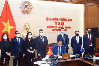 Bộ trưởng Lao động-Thương binh và Xã hội Đào Ngọc Dung ký Bản ghi nhớ (Ảnh: Molisa).