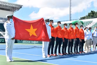 Đội tuyển quần vợt Việt Nam tại lễ khai mạc vòng play-offs Davis Cup nhóm II Thế giới năm 2022 tại Cộng Hòa Dominica, ngày 5/3/2022. (Ảnh: Liên đoàn Quần vợt Việt Nam)