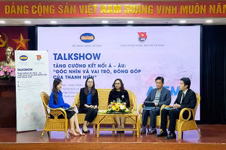 Diễn giả từ các bộ, ban, ngành, đoàn thể đối thoại, chia sẻ trực tuyến với đoàn viên, thanh niên cả nước tại chương trình. 