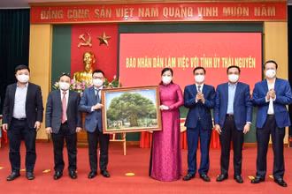 Đồng chí Lê Quốc Minh, Tổng Biên tập Báo Nhân Dân tặng tranh cây đa Hàng Trống cho các đồng chí lãnh đạo tỉnh Thái Nguyên.