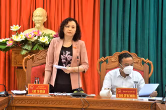 Phó Chủ tịch Hội đồng Dân tộc của Quốc hội Cao Thị Xuân phát biểu tại buổi làm việc. 