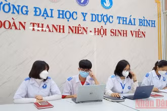Một kíp trực tư vấn chăm sóc F0 tại nhà của các bạn sinh viên trường Đại học Y Dược Thái Bình.