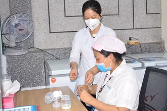Công nhân Công ty TNHH Tỷ Thạc thực hiện quy trình vắt, trữ sữa mẹ.