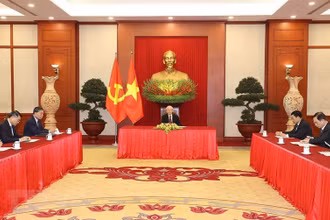 Chiều 31/3, tại Trụ sở Trung ương Đảng, Tổng Bí thư Nguyễn Phú Trọng điện đàm với Thủ tướng Cộng hòa Liên bang Đức Olaf Scholz. (Ảnh: Trí Dũng/TTXVN)