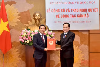 Phó Chủ tịch Thường trực Quốc hội Trần Thanh Mẫn trao Nghị quyết cho đồng chí Phạm Thái Hà. (Ảnh: Duy Linh)