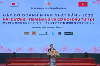 Đồng chí Phạm Xuân Thăng, Ủy viên Trung ương Đảng, Bí thư Tỉnh ủy Hải Dương chào mừng các tổ chức, các nhà đầu tư Nhật Bản.