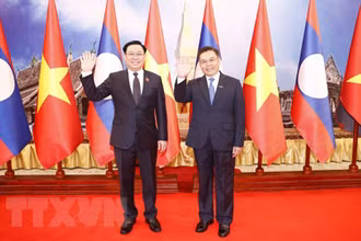 Chủ tịch Quốc hội Vương Đình Huệ và Chủ tịch Quốc hội Cộng hòa dân chủ nhân dân Lào Saysomphone Phomvihane tại lễ đón. (Ảnh: Doãn Tấn/TTXVN)