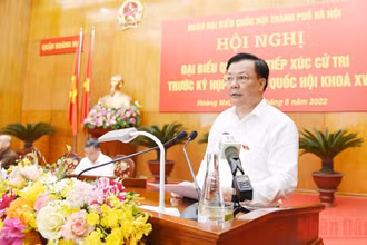 Đồng chí Đinh Tiến Dũng phát biểu tại buổi tiếp xúc cử tri sáng 11/5.