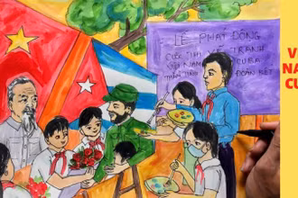 Bức tranh về tình hữu nghị Việt Nam-Cuba của các em thiếu nhi tham gia triển lãm. (Ảnh: BTC cung cấp)