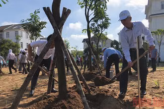 Phó Chủ tịch Ủy ban nhân dân Thành phố Hồ Chí Minh Võ Văn Hoan (bên phải) trồng cây xanh tại Lễ phát động "Tết trồng cây đời đời nhớ ơn Bác Hồ" năm 2022. 