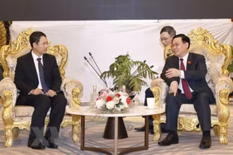 Chủ tịch Quốc hội Vương Đình Huệ tiếp ông Malaythong Kommasith, Chủ tịch Kiểm toán Nhà nước Lào. (Ảnh: Doãn Tấn/TTXVN)