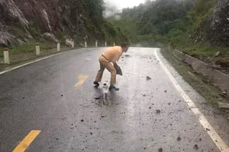 Thiếu tá Đặng Văn Thu bê đá lăn ra khỏi lòng đường để bảo đảm an toàn cho người tham gia giao thông. (Ảnh: Đội Cảnh sát giao thông Na Rì cung cấp)