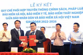 Tổng Biên tập Báo Nhân Dân Lê Quốc Minh và Tổng Giám đốc Bảo hiểm xã hội Việt Nam Nguyễn Thế Mạnh tại Lễ ký kết. (Ảnh: Thành Đạt)