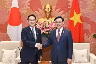 Chủ tịch Quốc hội Vương Đình Huệ và Thủ tướng Nhật Bản Kishida Fumio tại buổi hội kiến. (Ảnh: Duy Linh)