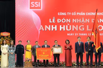 Phó Chủ tịch nước Đặng Thị Ngọc Thịnh (áo đỏ, thứ tư từ phải qua) trao danh hiệu Anh hùng Lao động thời kỳ đổi mới cho SSI. (Ảnh: CTV)