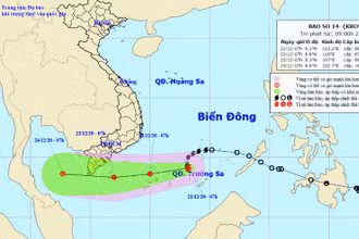 Vị trí và hướng di chuyển của bão số 14. (Nguồn: nchmf.gov.vn)