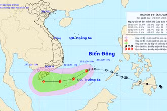 Vị trí và hướng di chuyển của bão số 14. (Nguồn: nchmf.gov.vn)