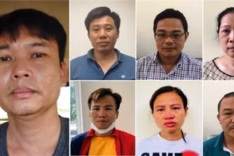 Các bị can (từ trái qua phải): Nguyễn Xuân Hanh; Đỗ Quang Tiến; Đỗ Khắc Tú Anh; Nguyễn Thị Ngọc Lâm; Nguyễn Tuấn Nghĩa; Kiều Thị Thúy; Hoàng Đình Văn.