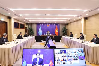 Phiên thảo luận mở Cấp cao của Hội đồng Bảo an Liên hợp quốc trực tuyến tại Hà Nội. (Ảnh: Dương Giang/TTXVN)
