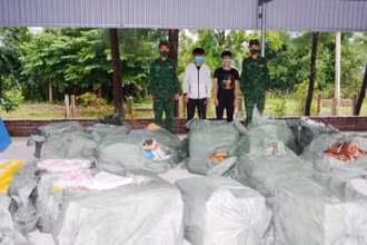 Các đối tượng cùng tang vật tại Đồn Biên phòng Trà Cổ, Quảng Ninh.