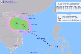 Vị trí và hướng di chuyển của áp thấp nhiệt đới. (Nguồn: nchmf.gov.vn)