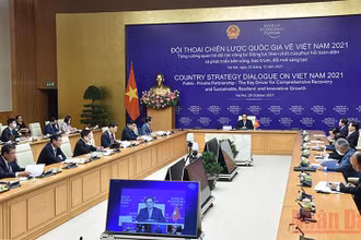 Thủ tướng Phạm Minh Chính chủ trì Đối thoại chiến lược quốc gia giữa Việt Nam và WEF tại điểm cầu Hà Nội. (Ảnh: TRẦN HẢI)