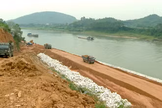 Các đơn vị thi công huy động phương tiện, máy móc khắc phục tình trạng sạt lở đoạn đê tả sông Lô đoạn qua thôn Xạ Hương, xã Đông Thọ, huyện Sơn Dương (Tuyên Quang).
