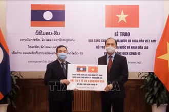 Thứ trưởng Ngoại giao Nguyễn Quốc Dũng trao tượng trưng khoản hỗ trợ của Việt Nam giúp Lào ứng phó dịch Covid-19 cho Đại sứ Lào tại Việt Nam Sengphet Houngboungnuang. Ảnh: TTXVN