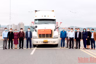 Đại diện lãnh đạo Bộ Y tế và thành phố Móng Cái tiếp nhận số hàng viện trợ chống dịch của tỉnh Quảng Tây (Trung Quốc). 