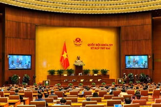 Quốc hội thảo luận trực tuyến tại hội trường sáng 24/10. (Ảnh: LINH NGUYÊN)