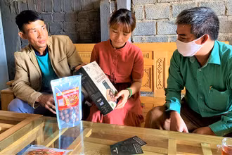 Chị H’Bích Niê Kđăm, Giám đốc Công ty TNHH phát triển nông nghiệp Kim Bình Mắc ca giới thiệu sản phẩm mắc ca của công ty cho khách hàng.