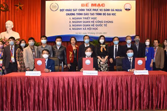 PGS, TS. Phạm Minh Sơn, Giám đốc Học viện Báo chí và Tuyên truyền và PGS, TS. Mai Văn Chung, Phó Giám đốc Trung tâm Kiểm định chất lượng giáo dục, Đại học Vinh; PGS, TS. Bùi Duy Cam, Trưởng đoàn khảo sát phục vụ đánh giá ngoài bốn chương trình đào tạo trình độ đại học tại Học viện Báo chí và Tuyên truyền ký kết Biên bản hoàn thành đợt khảo sát chính thức phục vụ đánh giá ngoài bốn chương trình đào tạo trình độ đại học tại Học viện. (Ảnh: ajc.hcma.vn)