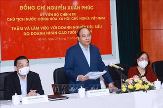 Chủ tịch nước Nguyễn Xuân Phúc làm việc với lãnh đạo thành phố Hà Nội và các cá nhân điển hình tiên tiến là người cao tuổi làm quản lý doanh nghiệp. (Ảnh: TTXVN)