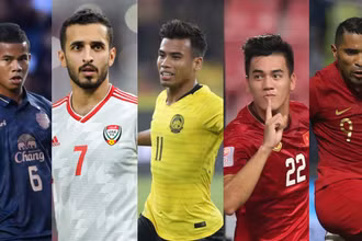 Năm chân sút được đánh giá cao tại bảng G: Sasalak Haiprakhon (Thái Lan), Ali Mabkhout (UAE), Safawi Rasid (Malaysia), Tiến Linh và Beto (Indonesia). (Ảnh: AFC)
