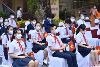 Lễ khai giảng năm học mới 2021-2022 tại Trường THCS Trưng Vương, Hà Nội. Ảnh: DUY LINH