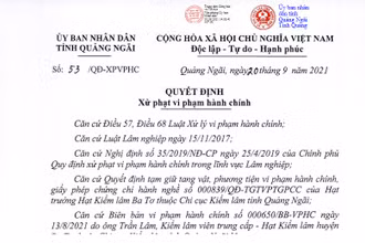 Quyết định số 53/QĐ-XPVPHC của Ủy ban Nhân dân tỉnh Quảng Ngãi. (Ảnh chụp màn hình).