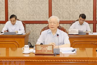 Tổng Bí thư Nguyễn Phú Trọng phát biểu kết luận cuộc họp. (Ảnh: TTXVN)