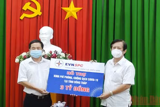 Ông Đào Hữu Điền (bên trái) trao bảng tượng trưng 3 tỷ đồng cho Giám đốc Sở Tài Chính Đồng Tháp, Ngô Hồng Chiều. (Ảnh: HỮU NGHĨA).