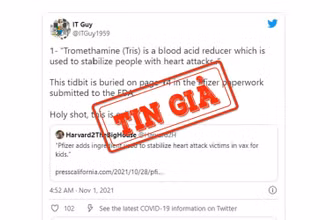 Ảnh chụp màn hình bài đăng trên mạng xã hội Twitter đưa thông tin sai lệch về chất tromethamine trong thành phần vaccine Covid-19 Pfizer. 