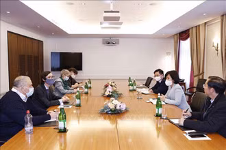 Phó Trưởng Ban Đối ngoại Trung ương Nguyễn Thị Hoàng Vân tiếp ông Alexandre Eniline, đồng Chủ tịch Đảng Lao động Thụy Sĩ và các thành viên Ban Lãnh đạo của Đảng. (Ảnh: TTXVN)
