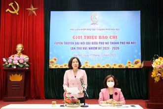 Chủ tịch Hội Liên hiệp Phụ nữ thành phố Hà Nội Lê Kim Anh phát biểu ý kiến tại buổi họp báo. 