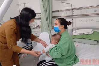 Chủ tịch Ủy ban Mặt trận Tổ quốc Việt Nam TP Hà Nội Nguyễn Lan Hương thay mặt lãnh đạo thành phố thăm hỏi, động viên gia đình các cháu bé.