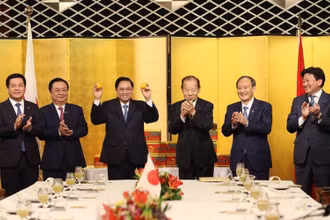 Thủ tướng Phạm Minh Chính gặp cựu Thủ tướng Nhật Bản Suga Yoshihide và Chủ tịch Liên minh Nghị sĩ hữu nghị Nhật Bản-Việt Nam Nikai Toshihiro và dự Lễ xuất hành quả quýt Unshu sang thị trường Việt Nam. (Ảnh: Dương Giang/TTXVN)