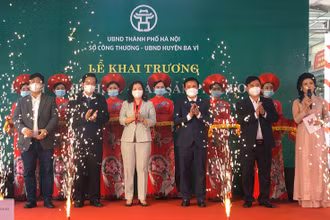Các đại biểu dự lễ khai trương điểm giới thiệu, bán sản phẩm OCOP trên địa bàn huyện Ba Vì.