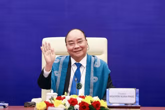 Chủ tịch nước Nguyễn Xuân Phúc tại điểm cầu Hà Nội. (Ảnh: TTXVN)