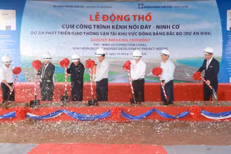 Lãnh đạo Bộ Giao thông vận tải, lãnh đạo tỉnh Nam Định và đại diện Ngân hàng Thế giới tại Việt Nam thực hiện nghi thức động thổ xây dựng cụm công trình kênh nối sông Đáy - sông Ninh Cơ.