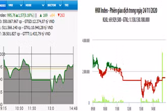 Diễn biến VN-Index và HNX-Index, phiên giao dịch ngày 24-11. 